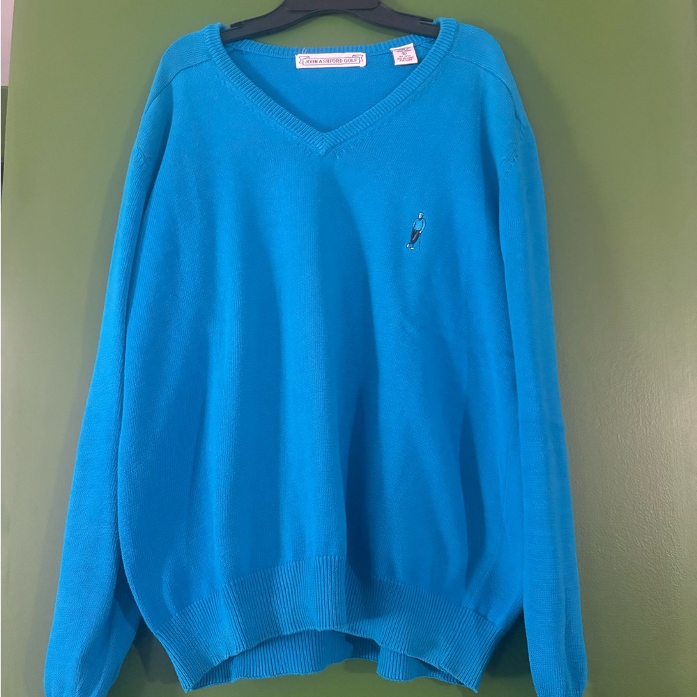 John Ashford Men's V-Neck Sweater in Bright Teal Blue